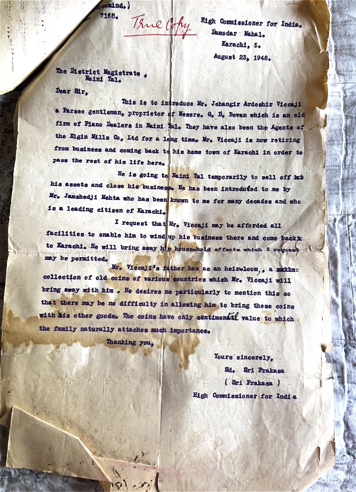 Letter dated August 23, 1948 to the Distt Magistrate Naini Tal, India from Sri Prakasa High Commissioner for India, Damodar Mahal, Karachi, to facilitate migration of Mr Jehangir A…