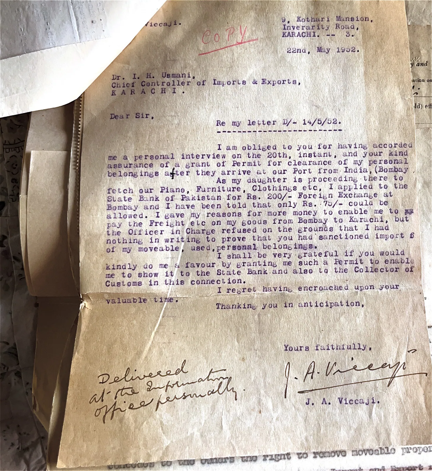 Letter from J.A.Viccaji dated 22, May 1952 to Dr I.H. Usmani, Chief Controller of Imports & Exports, Karachi requesting permission to import persnal household items from Bombay