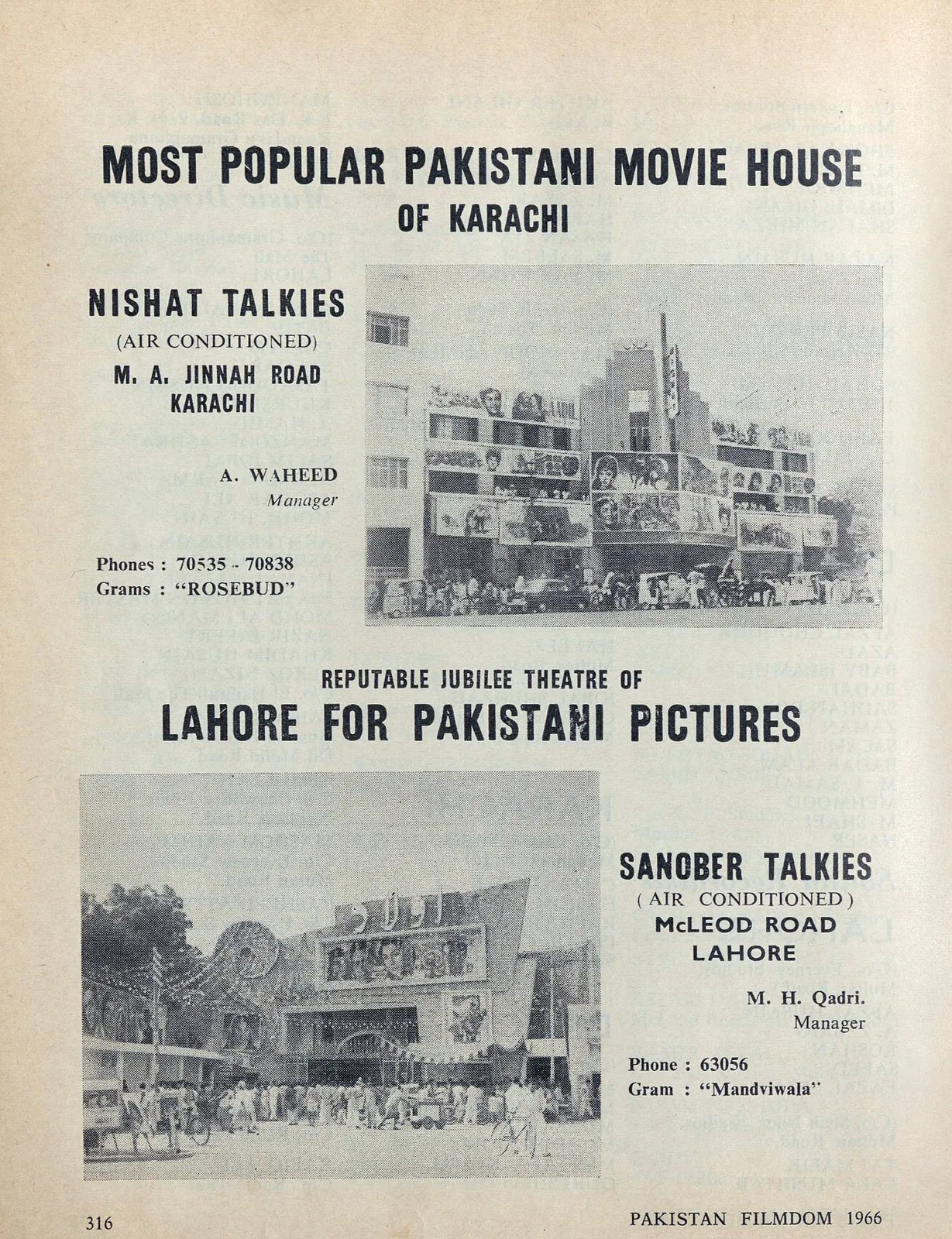 Nishat Talkies, Karachi and Sanober Talkies, Lahore 1966